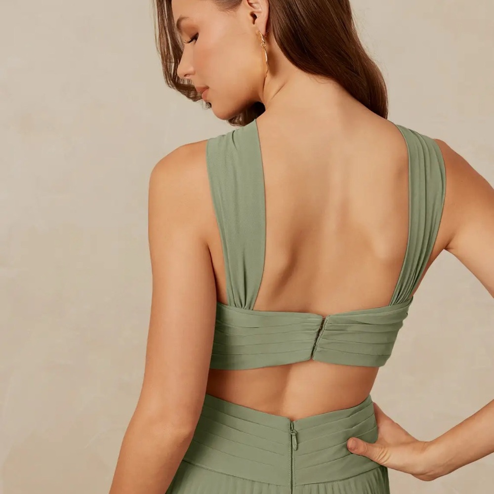 Azazie Olive Green Pleated Halter Wedding Dress - Picture 4 of 10